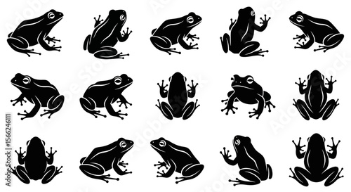 Various frogs in different poses on a seamless white background  