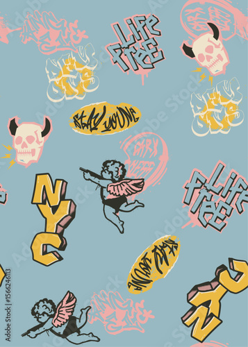 A pastel blue background filled with graffiti style elements such as angelic cupids, devil skulls, Life Free tags, and Real Young ovals. The design balances innocent and rebellious tones in one quirky