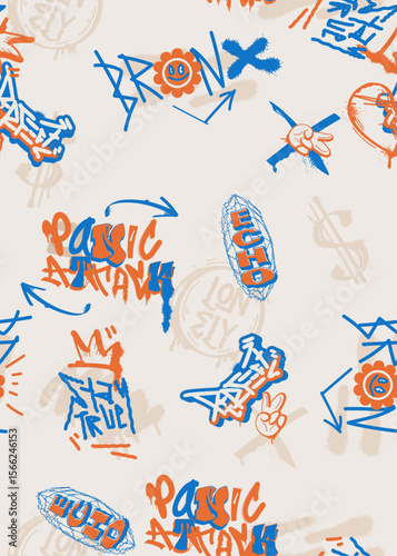 A repeatable seamless pattern composed of urban graffiti motifs such as Bronx,Echo. Stay True, and Classic Attack. Presented in electric orange and blue over a light cream background. 