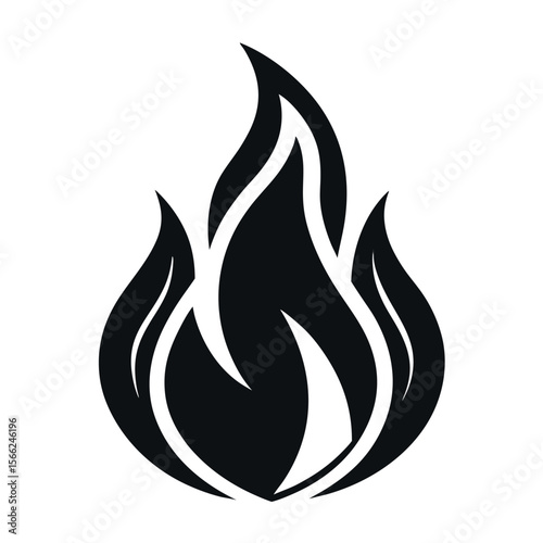 Black and White Stylized Flame Icon, Fire Symbol for Design or Web