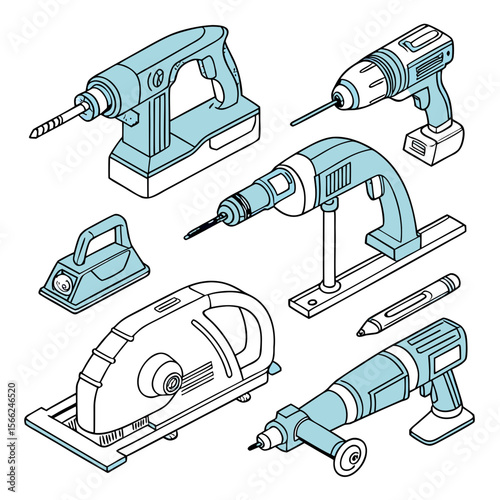 Assorted power tools in isometric view drill circular saw