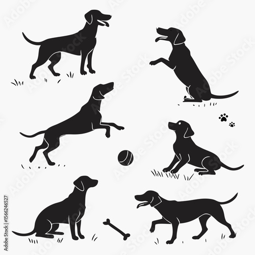 Black and white dog silhouettes playing dogs ball