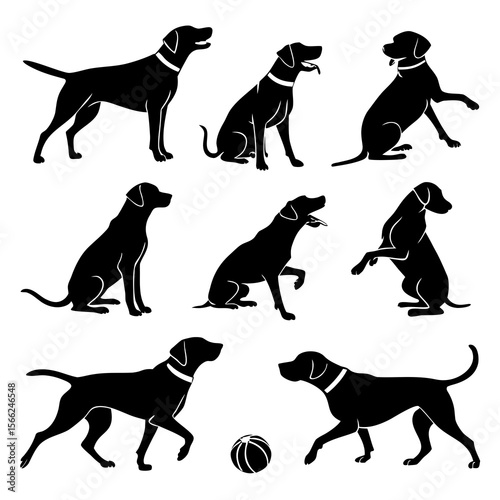 Black and white dog silhouettes in various poses canine