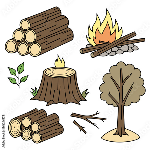 Campfire logs tree stump branches leaves vector