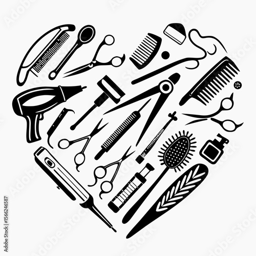 Black and white heart shape comprised of hair styling tools