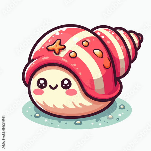 Charming, cartoon depiction of a seashell, rendered in a vibrant color palette, highlighting a friendly and adorable character.