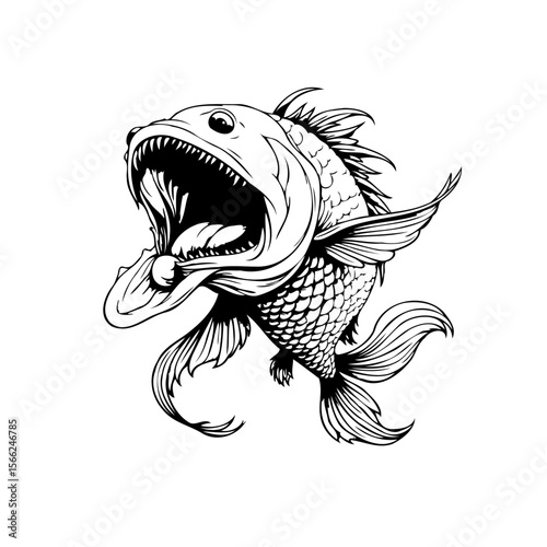 Illustration of a ferocious fish with a wide open mouth attacking for t-shirt design artwork isolated