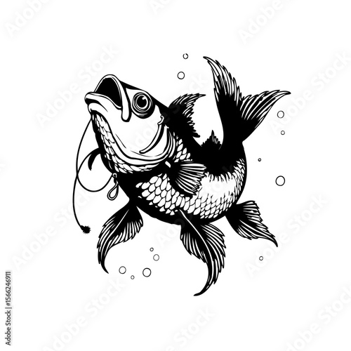 Elegant monochrome depiction of an arowana fish in water showcasing scales fins and unique barbel whiskers