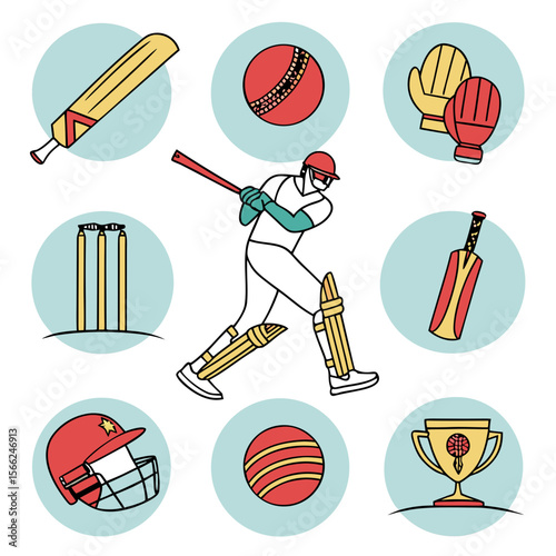 Cricket player batting with equipment and trophy ball