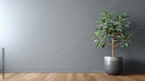 Decorative indoor plant in a modern pot on wooden floor against a gray wall for contemporary interior settings