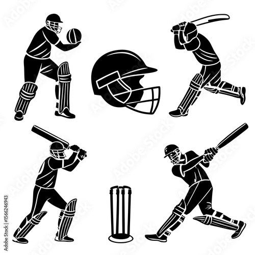 Cricket players batting bowling helmet wicket sport