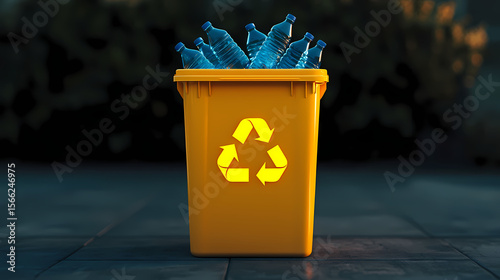 Yellow recycling bin filled with blue plastic bottles, symbolizing waste management and environmental conservation.