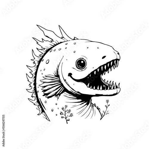 Cartoon predatory fish monster with sharp teeth illustration on white background line art drawing