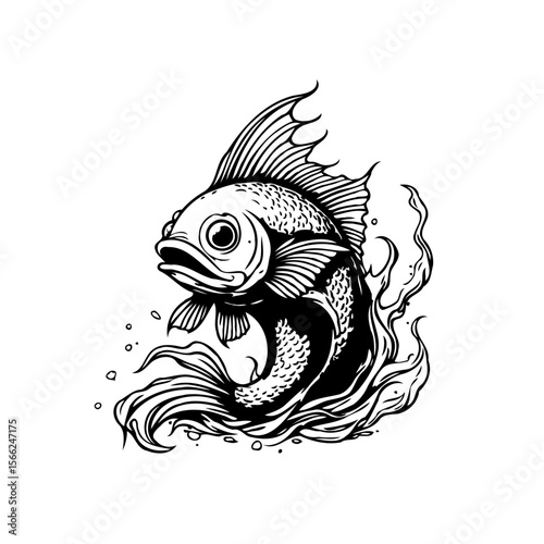 Detailed monochrome fish illustration showcasing underwater movement and aquatic life elements, artistic style, captivating visual appeal