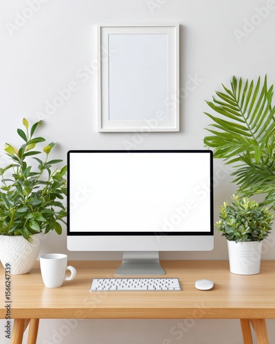 Wallpaper Mural Minimalist Scandinavian Desk Setup with Copy Space Above, Monitor and Keyboard in Lower Third Torontodigital.ca