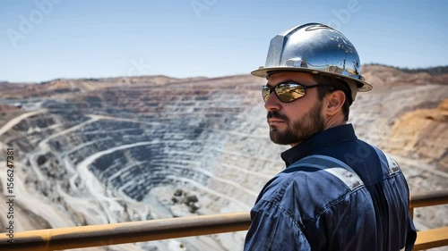 Mining Supervisor Overlooking Large Pit Mine.  Ensuring Safety and Productivity. Site management and planning for resource extraction and environmental impact.