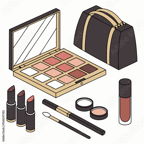 Makeup collection with eye shadow palette lipsticks and cosmetic bag