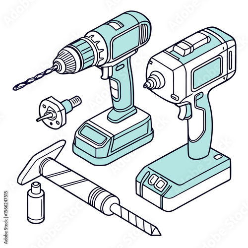 Power drills and drill bits cordless tools isometric