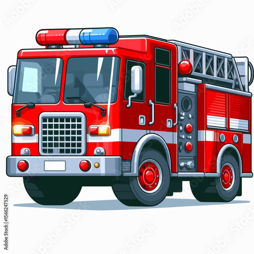 Captivating, full-view drawing of a  fire engine in vivid red tones.  The design showcases detailed features of the vehicle.