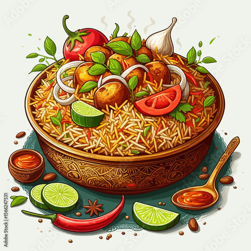 Vibrant depiction of a flavorful rice dish with meatballs and various vegetables, presented in a beautiful, ornate bowl.