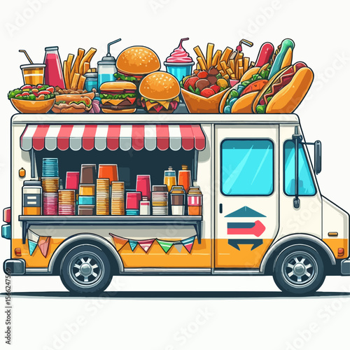 Cartoon illustration of a food truck overflowing with various food and drinks. The truck is depicted in vibrant colors and detailed design.