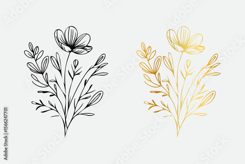 Elegant gold and black line art floral sprigs with delicate petals and leaves on a white background minimalist botanical illustration