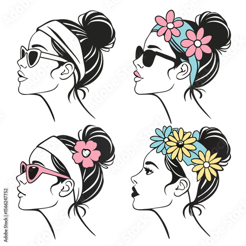 Stylized women faces with flowers and sunglasses woman