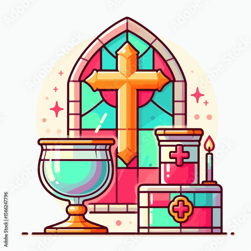Vibrant graphic design features a stained glass window, a cross, a goblet, and religious objects arranged together.