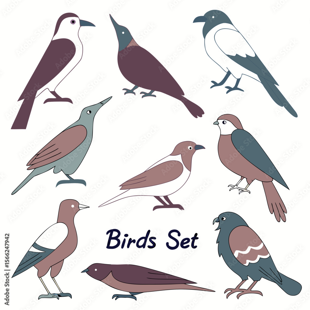 Fototapeta premium Various stylized birds with muted colors illustration