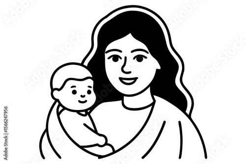Minimalist Black and White Line Art of Parent Holding Smiling Baby – Family Love Concept
