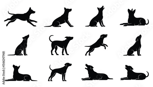 Set of 12 dog silhouette illustrations in various poses like sitting, standing, jumping, and lying down, ideal for pet design projects