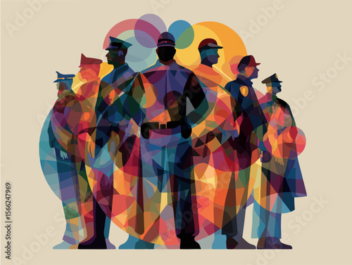 Police Unity Abstract Vector with Overlapping Silhouettes and Colorful Transparent Shapes in Tribute to International Cooperation