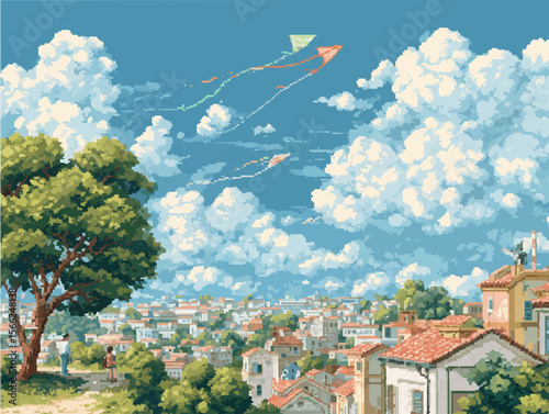 Pixel Art of Peaceful Eco City and Countryside with Children Flying Kites and Rooftop Air Purifiers
