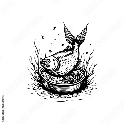 Hand drawn vintage sardine in a bowl illustration showcasing seafood culture and gastronomic history with artistic detail