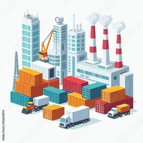 Colorful, isometric rendering of a modern industrial complex, featuring warehouses, trucks, and shipping containers in a urban setting.