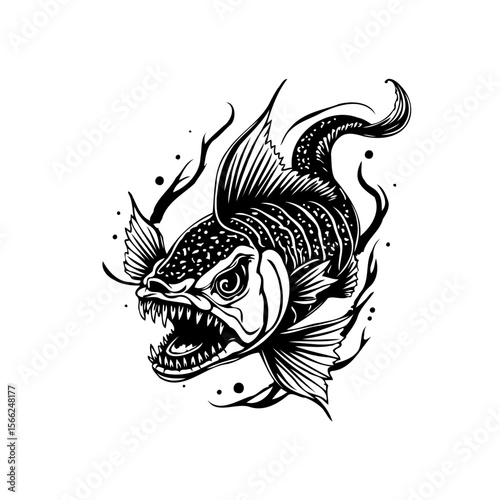 Illustration of a black and white piranha with an open mouth full of teeth isolated graphic