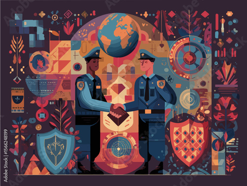 Memphis Vector of International Police Officers Shaking Hands with Global Connection Symbols and Abstract Patterns