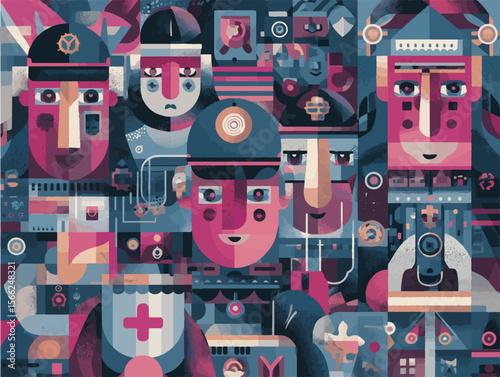 Abstract Vector of Frontline Workers in Cubist Style with Geometric Faces and Symbolic Elements