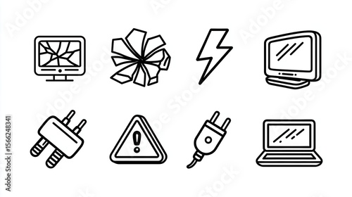Futuristic Broken Tech Icon Set in Y2K Vector Style on White Background
