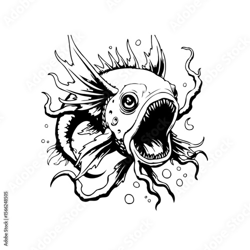 Intricate illustration of a deep sea angler fish: a black and white depiction of predatory wildlife