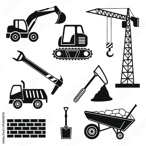 Construction Equipment Icons Excavator, Crane, Truck, Tools, and More