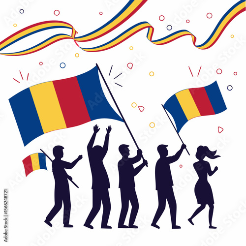 Celebrating Romanian National Day People Parading with Flags, Festive Ribbons, and Confetti