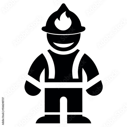 Black and White Icon of a Smiling Firefighter Wearing Helmet with Fire Symbol