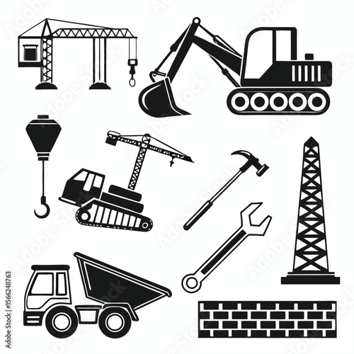 Construction Equipment Icons Cranes, Excavators, Trucks, and Tools