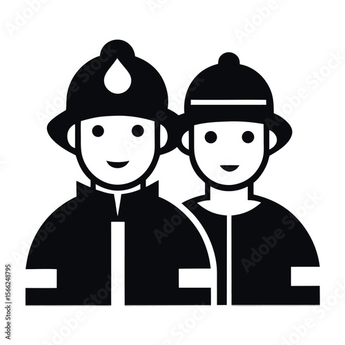 Black and White Silhouette of Two Firefighters Wearing Helmets with Friendly Smile Expressions