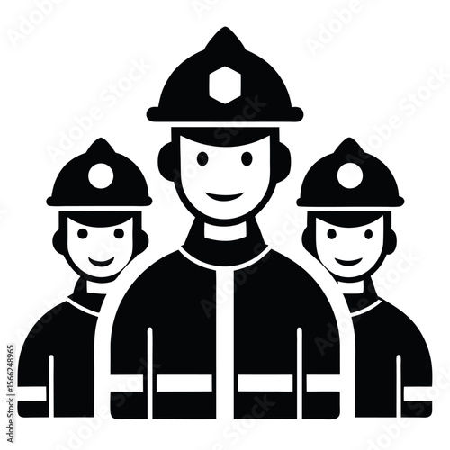 Illustrated Team of Three Smiling Firefighters in Black and White Helmets and Uniforms