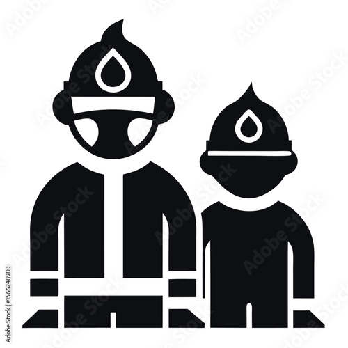 Illustration of Two Firefighters Wearing Helmets with Flame Icon in Black and White