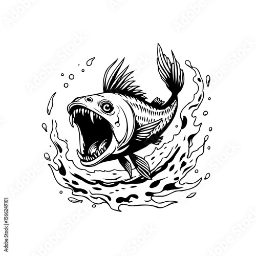 Illustration of a predatory fish with sharp teeth jumping out of the water design element