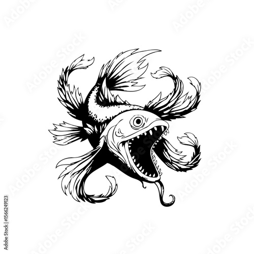 Stylized depiction of an anglerfish showcasing its distinct bioluminescent lure and sharp teeth in black and white