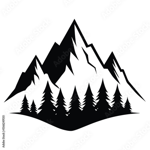 Majestic Mountain Peak with Evergreen Forest Silhouette Black and White Nature Illustration